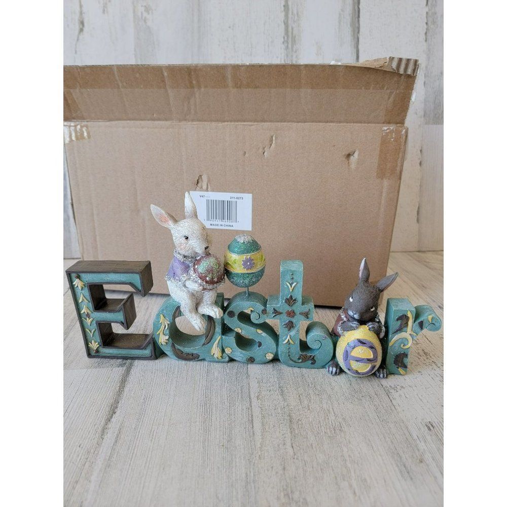 Easter sign blue bunny rabbit white brown egg glitter figure spring